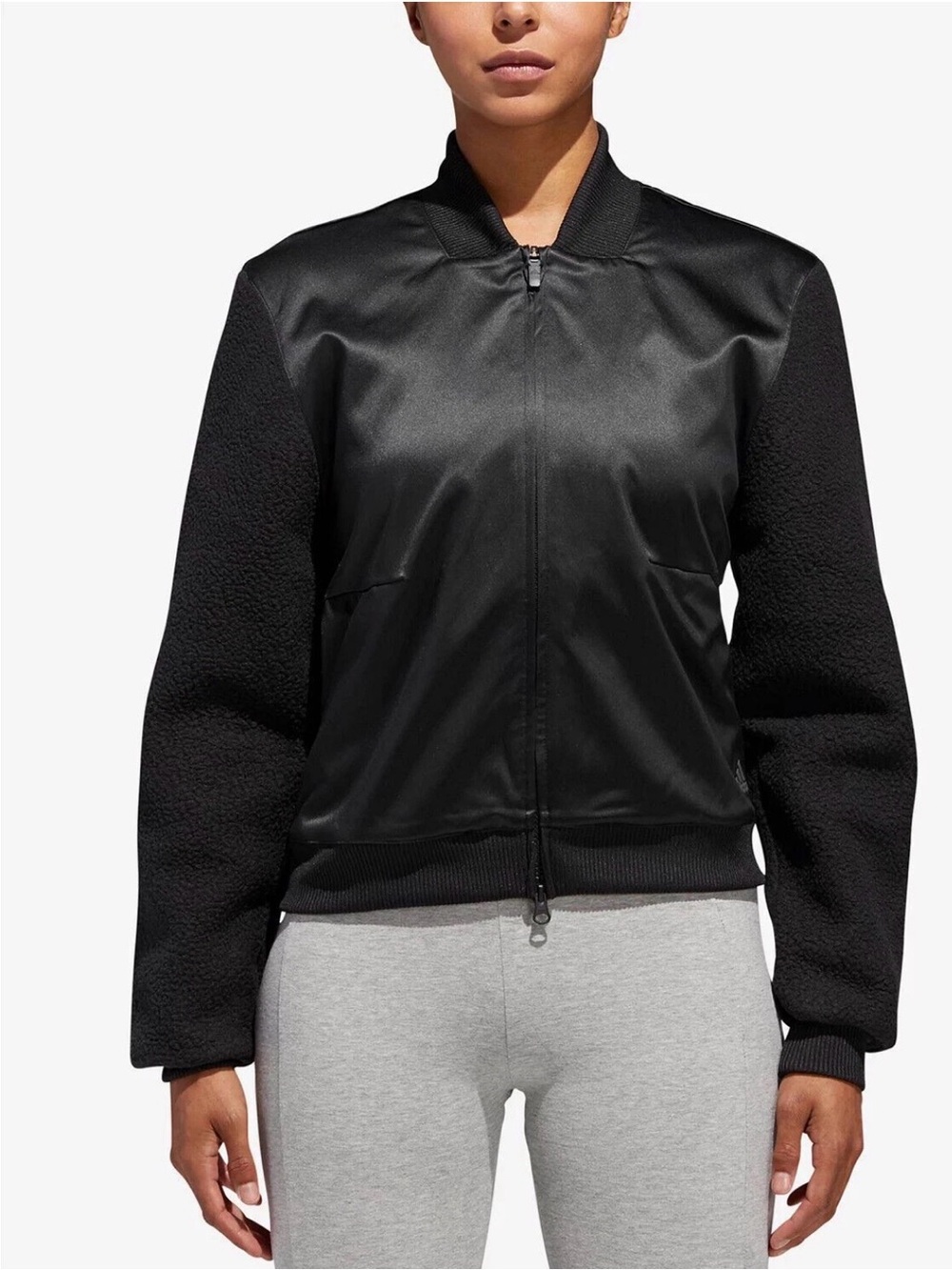 Adidas ID Women’s Sherpa and Satin Bomber Jacket Black Size Medium